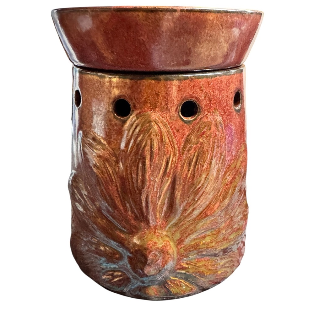 Scentsy Electric Wax Warmer Floral Ceramic Red Brown & 5 Scented Wax Bars Bundle